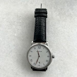 MontBlanc tradition date guilloche dial watch w/ new MontBlanc leather strap